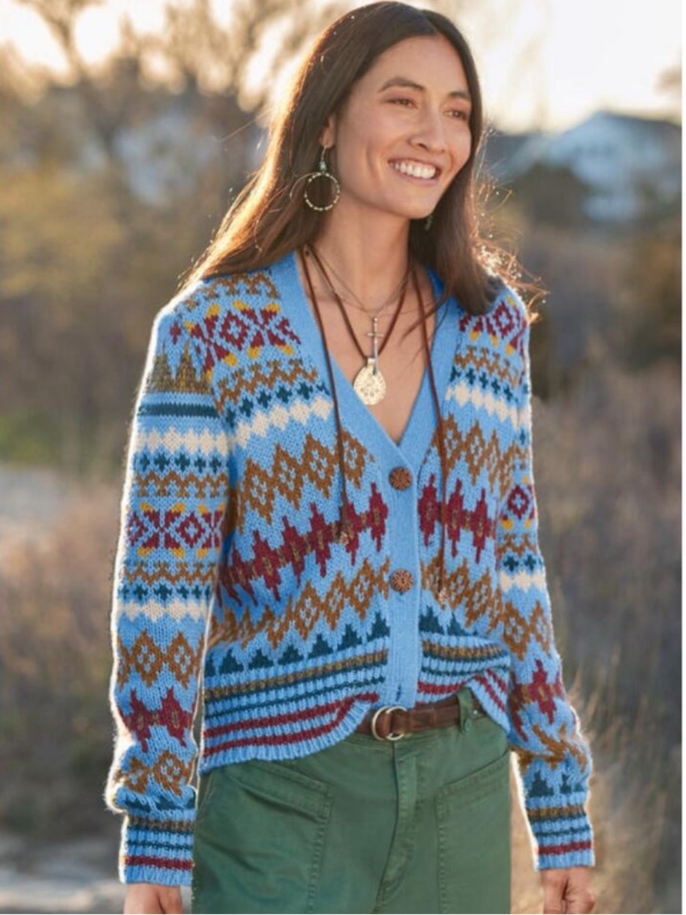 Sundance ‘Folk Tale’ button-front blue cardigan Fair Isle print Large